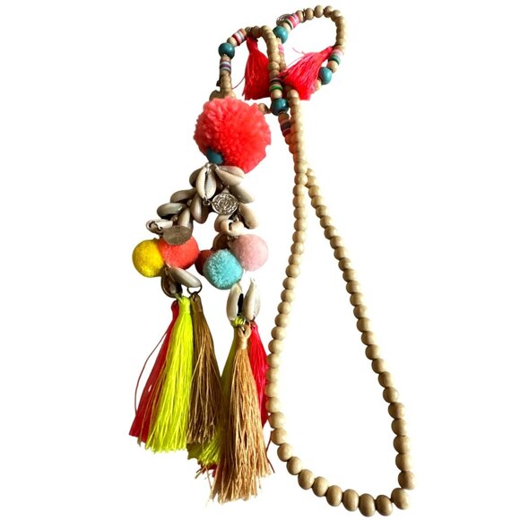 Vibrant Boho Long Tassel Necklace Cowrie Shells Pom Poms Beads Statement - Picture 1 of 9
